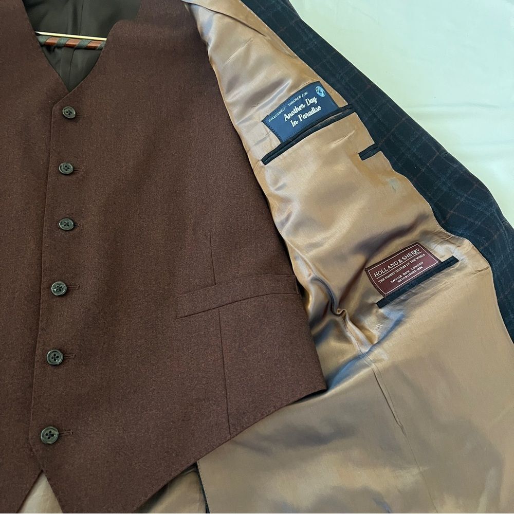 Tom James Holland & Sherry 3 piece suit wool blue rust red 48R pants 40 x 30 - Picture 6 of 8